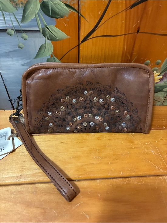Platania Handbags - Embroidered Brown Leather Wristlet Clutch with Stud Accents New